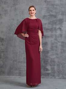 Abito Da Festa Donna Con Cappa, Applicazioni Floreali In Chiffon