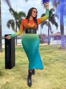 SHEIN Unity Plus Size Women's Gradient Long Sleeve Mesh Dress - Blue - View 3
