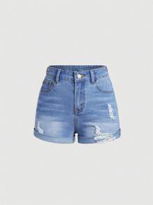 SHEIN Quần short denim rách phong cách boho cho bé gái tuổi teen, thích hợp mặc mùa xuân và hè. - Rửa nhẹ - Xem 1