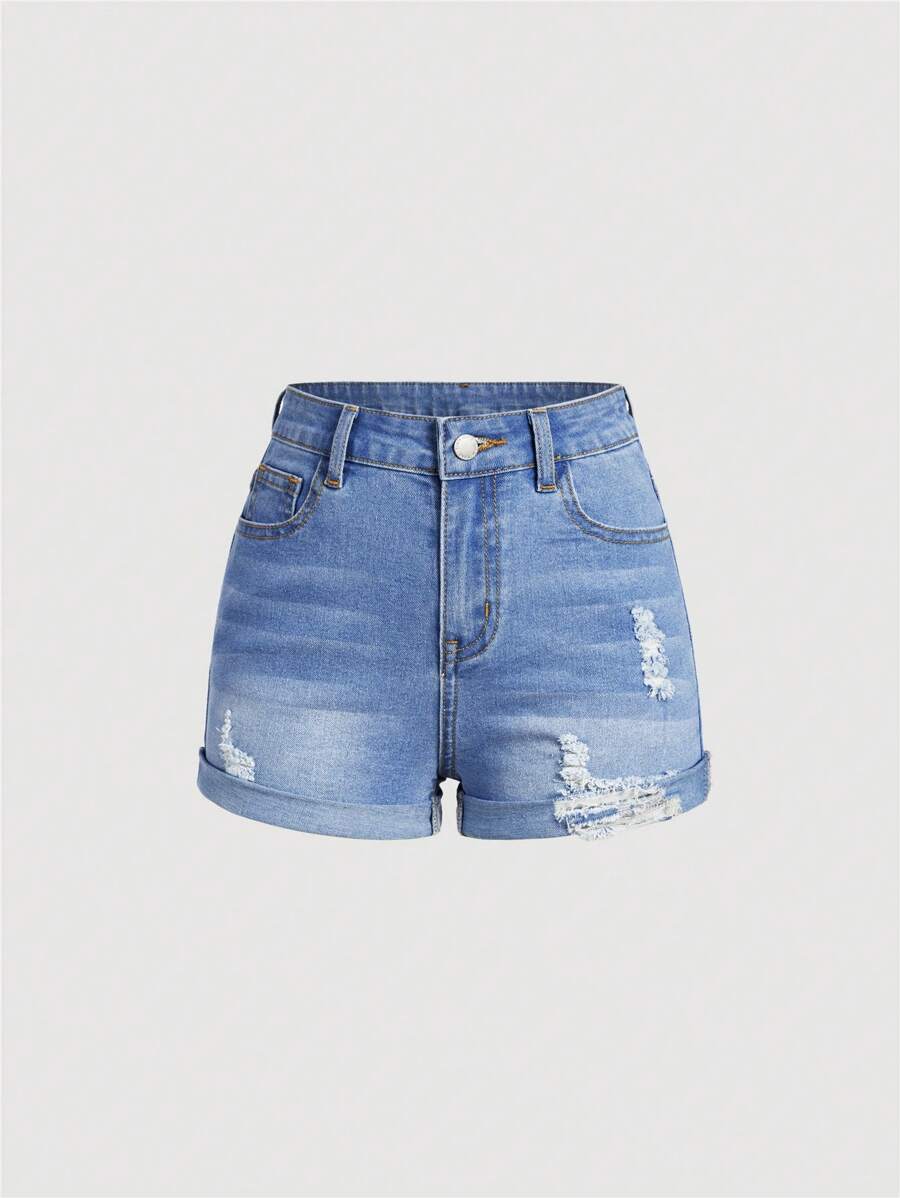 SHEIN Quần short denim rách phong cách boho cho bé gái tuổi teen, thích hợp mặc mùa xuân và hè. - Rửa nhẹ - Xem 1