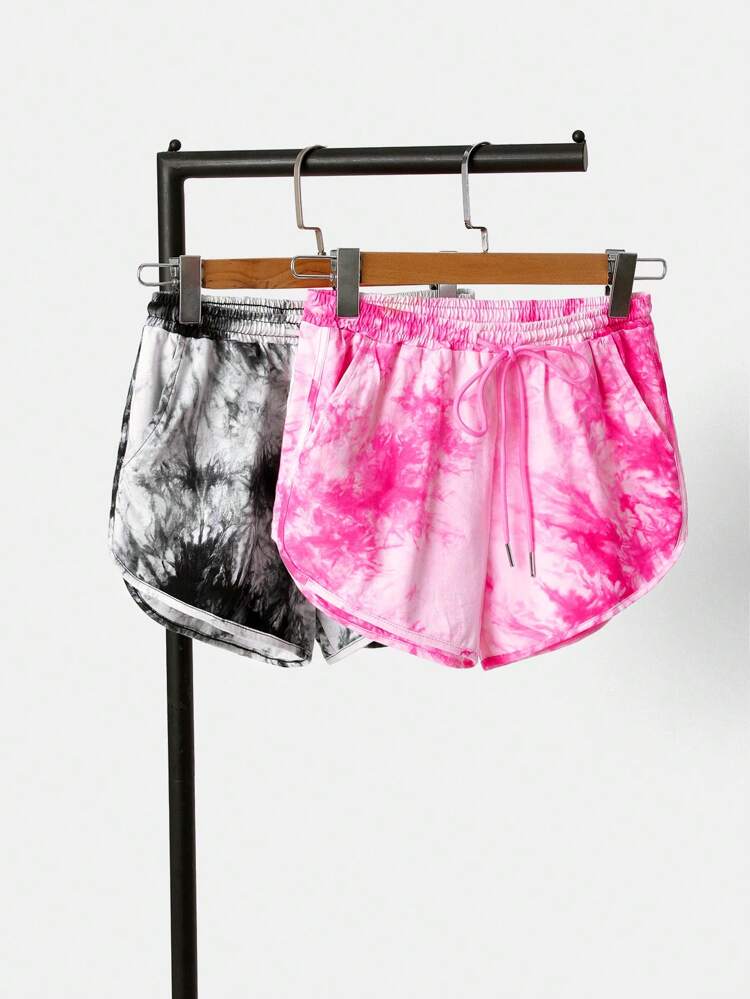 Casual Summer Tie-Dye Contrast Color Drawstring Waist Shorts