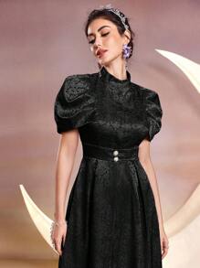 Modelyn Jacquard Stand Collar A-Line Casual Dress With Cinching Waist