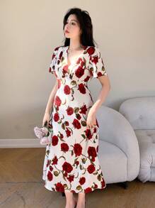 DAZY Bubble Sleeve & V-Neck Short Sleeve Chiffon Dress With Large Floral Print Sundress
