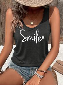 INAWLY Letter Print Round Neck Casual Tank Top - Dark Grey - View 4