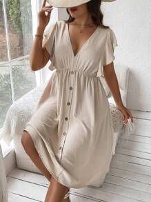 Flirla Plus Size V-Neck Ruffled Trim Front Button Dress - Apricot - View 5