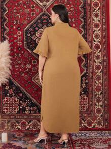 Seusyu Plus Size Stand Collar Bell Sleeve Shirt Dress - Brown - View 2