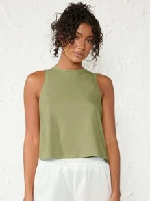 Tseoso Women's Solid Color Round Neck Asymmetric Hem Tank Top - Mint Green - View 5