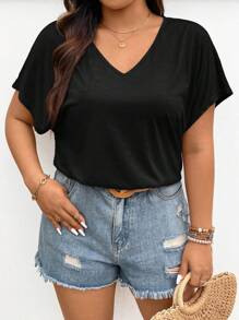 SHEIN Frenchy Plus Size V-Neck Batwing Sleeve T-Shirt