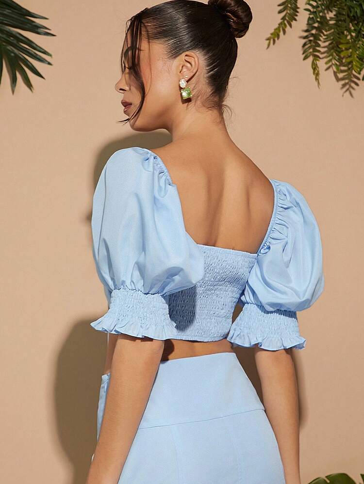 Puff Sleeve Shirred Drawstring Front Crop Top