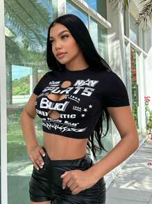 SHEIN SXY Graphics Woman T Shirts  Summer T Shirts Summer Clothes Crop T Shirt Summer T Shirts   Black Crop Top Black T Shirt Saint Patrick Day, Clover, Shamrock - Black - View 4