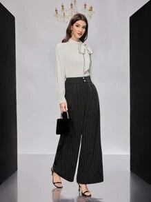 Modelyn Women's Striped Wide Leg Suit Pants - Black - View 6