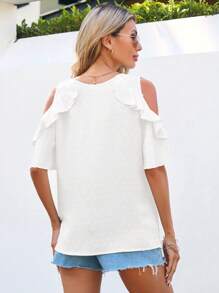 SHEIN Clasi Blusa De Hombro Frio De Color Sólido Con Ribete De Volante Y Borla - Blanco - Ver 2