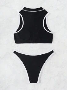 Swim SPRTY Bộ bikini có dây kéo phía trước có dây buộc tương phản dành cho nữ - màu đen - Xem 8