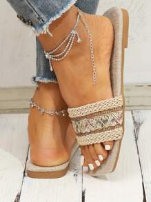 Của phụ nữ Đồ trang trí Rhinestone Dệt Họa tiết Hình học Phong cách Bohemian Dép phẳng Đối với Ngày lễ , Màu be - Nhiều màu - Xem 5