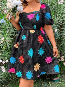 Flirla Plus Size Women's Floral Printed Short Bubble Sleeve Dress - Multicolor - View 4