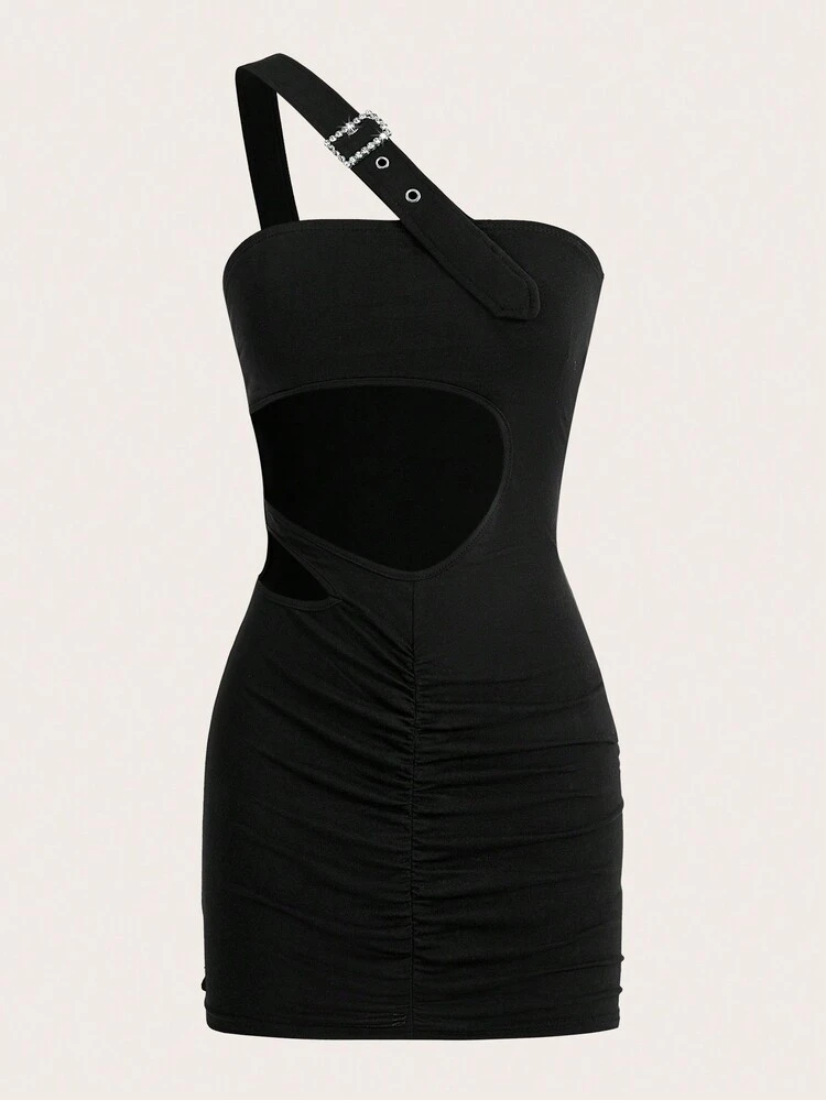 Solid Buckle One Shoulder Cutout Bodycon Dress