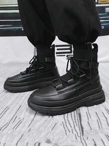 Men's Black Concise Front Lace Up Sock Boots - Black - View 1