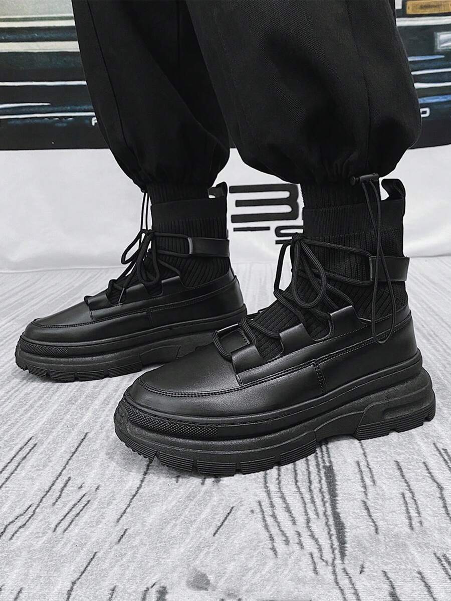 Men's Black Concise Front Lace Up Sock Boots - Black - View 1