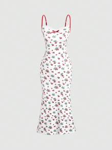 Sweetra Women's Splicing Lace Strawberry Printed Fish Tail Hem Cami Dress - White - View 1