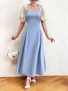 Modelyn Váy tay phồng cổ vuông Colorblock Cinching eo tay phồng - Rửa nhẹ - Xem 6