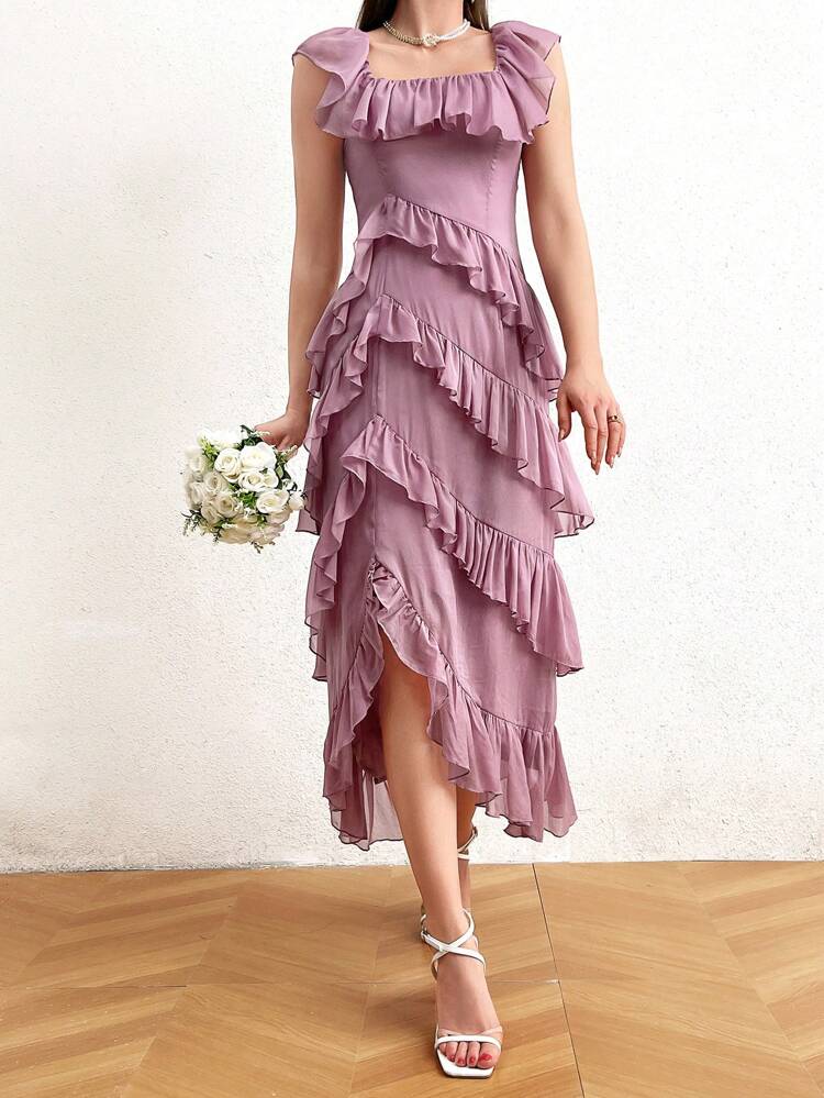 Asymmetric Hem Ruffle & Decor Detail Square Neckline Dress Long Evening Dresses