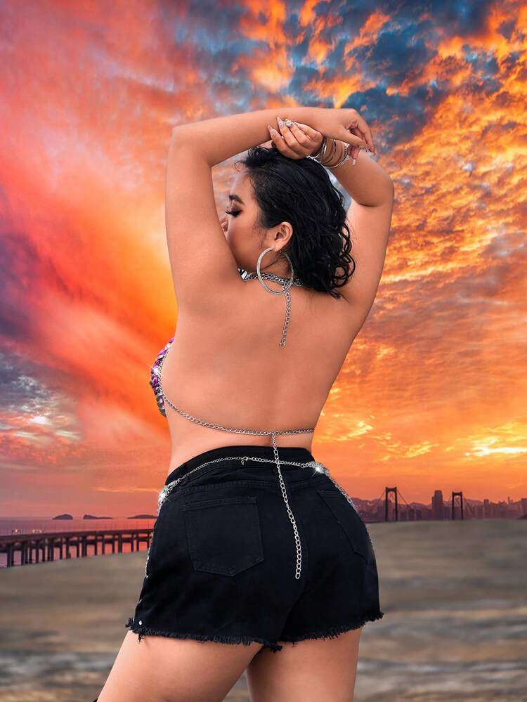 Plus Size Spring Summer Rave Party Music Festival Country Concert Diamond Chain Neck Halter Top