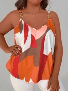 EMERY ROSE Plus Geo Print Ring Linked Tank Top Graphic Tees Women Tops - Multicolor - View 5