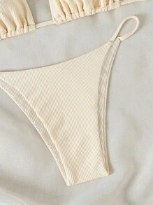 Swim Mod 2026 春夏女款度假特製面料細肩帶掛脖杏色性感丁字褲兩件式比基尼泳衣套裝 - 杏色 - 查看 3
