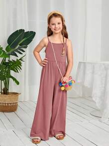 SHEIN Tween Girl Knit Solid Color Casual Jumpsuit With Spaghetti Straps - Pink - View 3