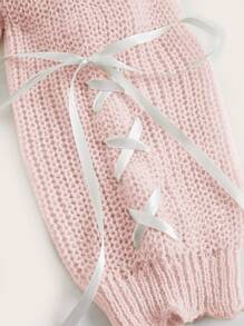 ROMWE Kawaii Cold Shoulder Cable Knit Jumper - Pink - View 4