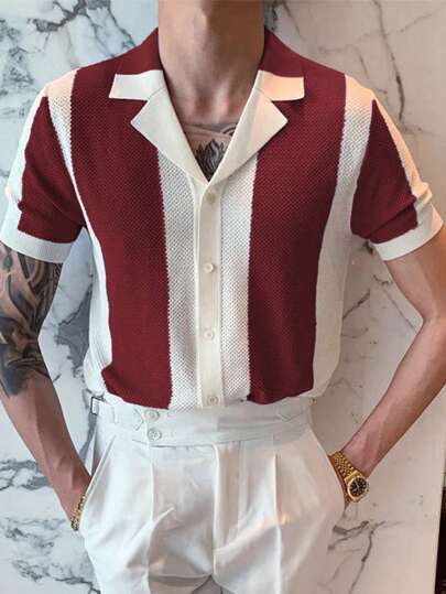 Men's Contrast Color Polo Collar Short Sleeve Knit Top
