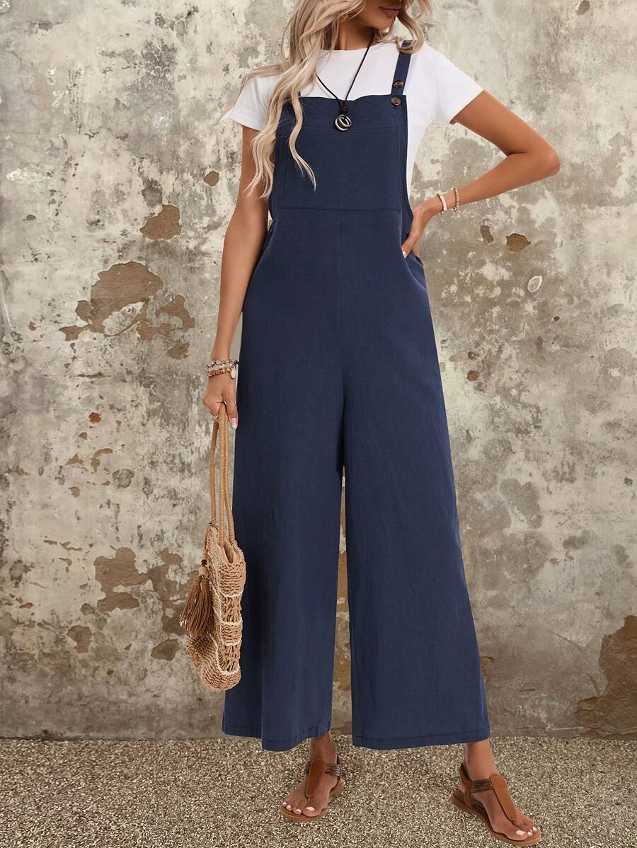 EMERY ROSE Women's Summer Solid Color Wide Leg Jumpsuit Cotton Jumpers And Women Rompers - Blue - View 1