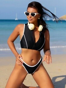 Swim SPRTY Bộ bikini có dây kéo phía trước có dây buộc tương phản dành cho nữ - màu đen - Xem 2