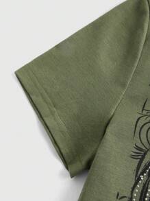 ROMWE Fairycore Cross & Wings Rhinestone Print Tee, School - Army Green - View 4