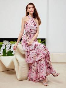 MOTF PREMIUM 花卉印花分層褶皺擺設深v交叉腰頸裙子 - 彩色 - 查看 2