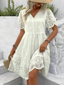 Breezaya Women's Burnout Flower Embroidery Ruffle Hem Doll Dress Vacation Beach Outfit