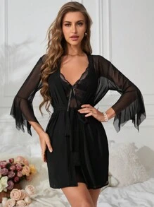 طقم بيجامة من لون واحد مع تباين من الشبكة والدانتيل - الأسود - مشاهدة 3