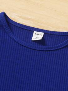 SHEIN Set indumenti ragazza giovane completo di top a manica corta con scollo a giro, tinta unita, con bordo arricciato e pantaloncini corti abbinati - Blu - Visualizzare 3