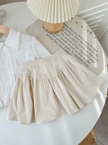 SHEIN Tween Girl Woven Solid Color Pleated Short Casual Shirt