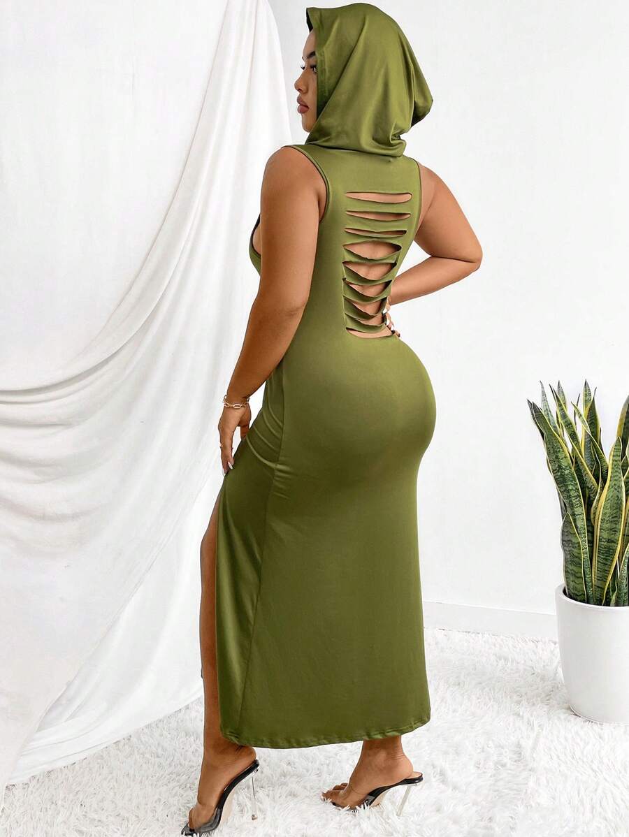 Maweii 大尺碼女士純色連帽無背不對稱裙,側面開衩設計 - 綠色 - 查看 1