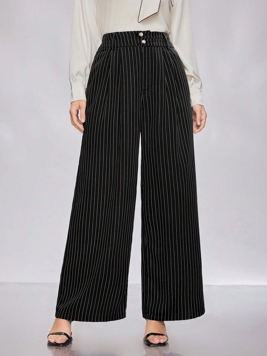 Modelyn Women's Striped Wide Leg Suit Pants - Black - View 1