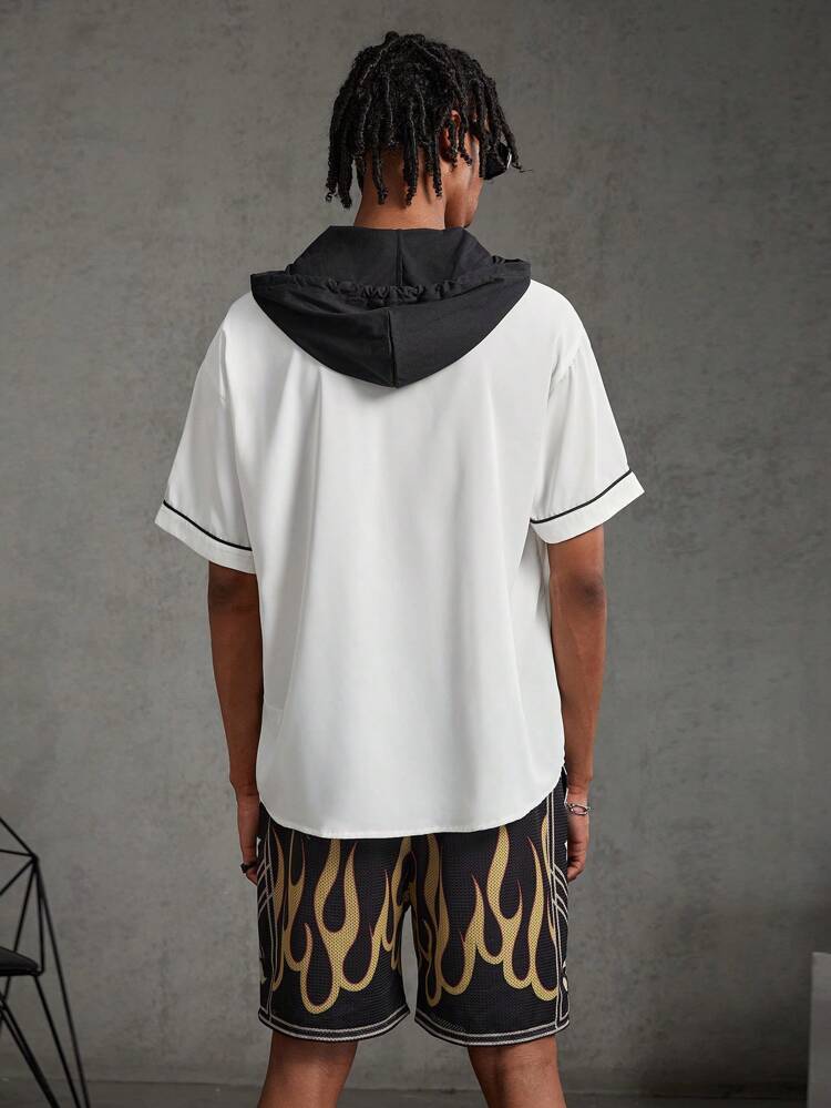 Men's Hooded Short Sleeve Shirt With Letter Print