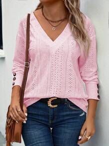 INAWLY 大尺碼純色中空刺繡v領t恤 - 粉色 - 查看 4