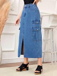 SHEIN X SAMADHI SHEIN LUNE Summer Casual Flap Pocket Slit Front Denim Skirt
