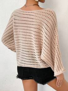 Breezaya Women's Asymmetric Neckline Hollow Out Knit Sweater - Khaki - View 2