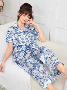 SHEIN 青少年女孩編織印花拼布萌芽短袖襯衫和褲子休閒家居服 2 件套