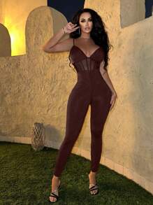 SHEIN SXY Enterizo/mono con tirantes y detalles de malla transparente para mujer - Marrón - Ver 1