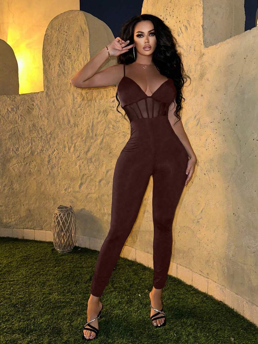 SHEIN SXY Enterizo/mono con tirantes y detalles de malla transparente para mujer - Marrón - Ver 1