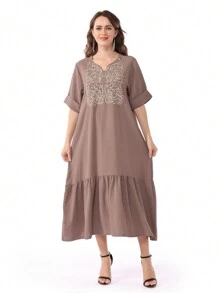 斋月刺绣 V 领宽松拼接褶皱中东女士优雅连衣裙 Jalabia，春夏传统 - 藕粉色 - 查看 1