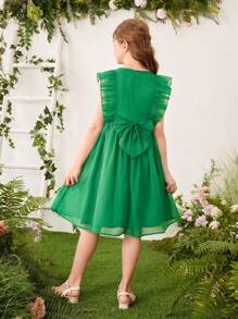 SHEIN Tween Girls' Square Neck Sleeveless Dress With Ruffled Trim Decoration On Both Sides - Green - View 2